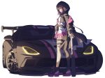  1girl ascot asymmetrical_legwear bad_source baronilu baseball_bat belt black_hair car cropped_jacket dodge_viper expressionless full_body highres hood hood_up jacket jacket_partially_removed jacket_under_jacket loose_ascot motor_vehicle multicolored_hair non-web_source off_shoulder original pink_hair pink_skirt pouch shirt shoes single_thighhigh skirt sneakers solo standing thigh_strap thighhighs two-tone_hair white_shirt yellow_eyes yuyan_(ryuuyan) 