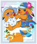  ayaka_488 blue_eyes blue_hat blue_skirt blue_tank_top clothed_pokemon collared_shirt commentary_request floral_print flower hat hat_flower heart highres mr._windychu ms._wavychu no_humans open_mouth pikachu pokemon pokemon_(creature) pokemon_focus pokemon_ww purple-tinted_eyewear shirt short_sleeves skirt smile sunglasses tail tail_ornament tank_top tinted_eyewear white-framed_eyewear 