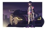  1girl ascot asymmetrical_legwear bad_source baronilu baseball_bat belt black_hair car cropped_jacket dodge_viper expressionless full_body highres hood hood_up jacket jacket_partially_removed jacket_under_jacket loose_ascot motor_vehicle multicolored_hair off_shoulder original pink_hair pink_skirt pouch shirt shoes single_thighhigh skirt sneakers solo standing thigh_strap thighhighs two-tone_hair white_shirt yellow_eyes yuyan_(ryuuyan) 