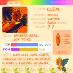 anthro avian bird breasts cardinal_(bird) clem_the_bird english_text female genitals handwritten_text hi_res hybrid information jandaya looking_at_viewer model_sheet monochromanis neotropical_parrot one_eye_closed oscine parakeet parrot passerine piranga portrait scarlet_tanager solo sun_parakeet text true_parrot vulva winged_arms wings wink winking_at_viewer