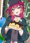  1girl absurdres backwards_hat balloon baseball_cap bone_hair_ornament cake chalkboard chocolate_cake collar confetti dog_tags fang food green_hoodie grey_vest hair_ornament hat highres hood hoodie indie_virtual_youtuber ohitspiper open_mouth pink_skirt pleated_skirt red_hair school_uniform skirt valefal_coneri vest virtual_youtuber yellow_eyes 
