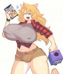  1boy ^_^ blonde_hair body_fur borrowed_character breasts brown_shorts bulge closed_eyes commission covered_nipples cowboy_shot fang flannel furry furry_male game_console gamecube grey_shirt hand_up highres holding_case huge_breasts inkerton-kun long_hair long_sleeves male_focus male_with_breasts open_mouth original rawk_manx red_shirt second-party_source shirt short_shorts shorts smile solo super_smash_bros. trap wristband 