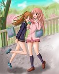  atarashi_ako bad_id bad_pixiv_id bag bare_legs black_legwear blush brown_hair cardigan day double_scoop food ice_cream jacket kneehighs loafers long_hair multiple_girls naked_track_jacket no_pants open_mouth outdoors pink_hair pleated_skirt ponytail red_eyes saki saki_achiga-hen school_bag school_uniform shoes skirt standing takakamo_shizuno tera_(t-e-r-a) tongue tongue_out track_jacket tree two_side_up 