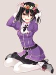  :d belt black_hair black_skirt blush boots collared_shirt full_body gloves grey_background haguro_(kantai_collection) hair_ornament head_tilt head_wreath high_heels juliet_sleeves kantai_collection long_sleeves naoto_(tulip) open_mouth pantyhose pencil_skirt puffy_sleeves purple_eyes purple_shirt shirt simple_background sitting skirt smile solo wariza white_gloves white_legwear wing_collar 
