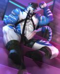 2024 5_fingers abs absurd_res anthro areola arm_tuft balls_in_underwear belly_tuft biceps big_muscles big_pecs biped black_boots black_bottomwear black_claws black_clothing black_eyebrows black_footwear black_harness black_hat black_headwear black_leash black_nose black_shorts blue_body blue_fur blue_stripes blue_tail bodily_fluids body_hair boots bottomwear brick_wall cheek_tuft claws clothed clothing countershade_arms countershade_face countershade_fur countershade_legs countershade_torso countershading deltoids detailed_background digital_media_(artwork) dominant dominant_anthro dominant_male elbow_tuft erection eyebrows facial_hair facial_tuft fangs felid feng_(fengtheblue) finger_claws fingers first_person_view footwear forearm_muscles foreskin front_view fur genital_fluids genitals glans goatee gradient_penis green_boots green_clothing green_footwear grey_facial_hair grey_goatee grin grinning_at_viewer happy_trail harness harness_ring hat headgear headwear hi_res humanoid_hands inside knee_tuft leaking_precum leash leash_in_mouth leash_pull leashed_viewer leather leather_boots leather_bottomwear leather_clothing leather_daddy leather_footwear leather_harness leather_leash leather_shorts leg_tuft looking_at_viewer low-angle_view male mammal manly markings multicolored_body multicolored_boots multicolored_clothing multicolored_footwear multicolored_fur muscular muscular_anthro muscular_arms muscular_legs muscular_male navel neck_tuft neon_lights nightclub nipples object_in_mouth orange_eyes pantherine partially_clothed pecs penis penis_poking_out pink_areola pink_glans pink_nipples pink_penis precum purtropos raised_hand retracted_foreskin shoes shorts signature sitting sitting_on_stairs smile smiling_at_viewer solo spread_legs spreading stairs striped_body striped_fur striped_markings striped_tail stripes submissive submissive_pov tail tail_markings tail_tuft teeth thick_thighs tiger topless topless_anthro topless_male triceps tuft two_tone_tail unzipped unzipped_shorts vein veiny_penis wall_(structure) white_body white_fur white_penis white_stripes white_tail zipper