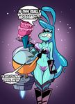  absurd_res alien annoyed blue_body breasts cake clothing dialogue duo english_text eyelashes female food goo grimphantom hi_res lagomorph male mammal marina_(herny) open_mouth rabbit speech_bubble text underwear wide_hips 
