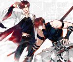  2boys absurdres bicep_strap black_eyes black_shirt coat commentary_request earclip earrings fate/grand_order fate_(series) greyscale hair_over_one_eye harada_sanosuke_(fate) highres holding jacket jewelry long_sleeves male_focus monochrome multiple_boys red_eyes red_hair scar scar_on_arm shirt short_hair sleeveless smile takasugi_shinsaku_(fate) takasugi_shinsaku_(first_ascension)_(fate) toned toned_male u_5ham0 weapon white_coat white_jacket 