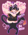  1girl absurdres ahoge animal_ears bimbwoh black_choker black_eyes black_hair black_shirt black_shorts black_thighhighs blonde_hair breasts cat_ears cat_girl cat_tail choker cleavage collarbone colored_tips commentary english_commentary english_text eyelashes fingernails full_body hair_between_eyes heart heart_hands heterochromia highres l.o.a.f.i. loafi_lofi multicolored_hair no_shoes open_mouth outline pink_outline purple_background shirt short_sleeves shorts simple_background smile solo star_(symbol) tail teeth thighhighs two-tone_hair xoxo yellow_eyes zettai_ryouiki 