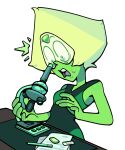  1girl alien blonde_hair breasts colored_skin discount-supervillain face_shield forehead_jewel gem gem_(steven_universe) green_skin microscope open_mouth peridot_(steven_universe) short_hair solo steven_universe sweat triangle-shaped_hair wide-eyed 