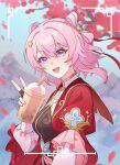  1girl absurdres black_gloves blue_eyes breasts bubble_tea chinese_clothes commentary cup disposable_cup english_commentary falling_petals fingerless_gloves gloves hair_ornament highres holding holding_cup honkai:_star_rail honkai_(series) jacket long_sleeves looking_at_viewer march_7th_(honkai:_star_rail) march_7th_(hunt)_(honkai:_star_rail) medium_breasts medium_hair mountainous_horizon multicolored_eyes official_alternate_costume open_mouth outdoors petals pink_eyes pink_hair red_jacket selfie shuangyaji smile solo teeth tsuume two-tone_eyes upper_body upper_teeth_only viewfinder 