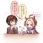  1boy 1girl ahoge animal_ears blue_eyes bow bowtie breasts brown_eyes brown_hair collared_shirt commentary_request ear_covers eating food grey_jacket head_rest highres holding holding_food horse_ears horse_girl jacket long_hair long_sleeves medium_breasts multicolored_hair necktie orange_hair orfevre_(umamusume) purple_sailor_collar purple_shirt red_necktie sailor_collar sailor_shirt school_uniform shirt short_hair single_ear_cover speech_bubble steamed_bun tracen_school_uniform trainer_(umamusume) translation_request two-tone_hair umamusume white_bow white_bowtie white_hair white_shirt yue_(lov_n_n) 