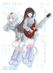  2girls aoki_hina bang_dream! bang_dream!_it's_mygo!!!!! blue_eyes cable candy commentary_request dated electric_guitar flower_stand_art food grey_shirt grey_shorts guitar guitar_strap heterochromia highres holding holding_candy holding_food holding_guitar holding_instrument holding_lollipop holding_plectrum hoshihan_hoshi_han instrument kaname_raana leg_warmers lollipop long_hair multiple_girls open_mouth plectrum shirt short_hair shorts tongue tongue_out voice_actor voice_actor_connection white_hair white_leg_warmers yellow_eyes 
