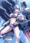  1girl bandaged_leg bandaged_waist bandages blue_sky breasts capelet cloak cloud commentary_request dog_tags goddess_of_victory:_nikke head-mounted_display highres large_breasts long_hair looking_at_viewer mechanical_arms navel official_alternate_costume open_mouth scar scar_on_leg scar_on_stomach scar_on_thighs shirt sky snow_white_(heavy_arms)_(nikke) snow_white_(nikke) solo stella_(stella) teeth torn_capelet torn_cloak torn_clothes upper_teeth_only visor_(armor) visor_lift white_cloak white_hair white_shirt yellow_eyes 