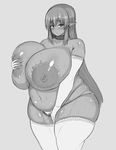  1girl areolae blush breasts fat female gigantic_breasts large_areolae long_hair looking_at_viewer monochrome navel nipples original panties plump pointy_ears pubic_hair sanagimaru7974 solo sweat tensai427 thick_thighs thighhighs topless underwear wide_hips 