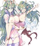  age_difference alternate_costume bad_id bad_pixiv_id breast_rest breasts cameltoe carrying chiki echizen_(hvcv) fire_emblem fire_emblem:_monshou_no_nazo flat_chest green_hair large_breasts looking_at_viewer mamkute multiple_girls nagi_(fire_emblem) nipples panties pointy_ears princess_carry tiara underwear waving younger 