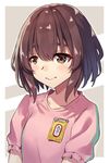  blush brown_eyes brown_hair hack_waltz koe_no_katachi name_tag nishimiya_shouko pink_shirt shirt short_hair short_sleeves solo 