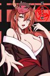  bare_shoulders blush breasts cleavage collarbone commentary_request fingernails japanese_clothes kimono large_breasts long_hair looking_at_viewer nakaichi_(ridil) no_bra oni oni_horns oni_mask open_mouth orange_eyes orange_hair original reaching_out sash sharp_fingernails solo translation_request upper_body 