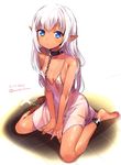  bare_shoulders blue_eyes breasts chain collar collarbone copyright_request dark_skin dated elf full_body highres konbu_wakame long_hair looking_at_viewer nightgown pointy_ears see-through silver_hair sitting small_breasts solo twitter_username wariza 