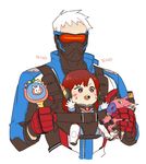  1girl baby baby_carrier babywearing bad_id bad_twitter_id brown_hair croquis2 d.va_(overwatch) fatherly gloves mask meka_(overwatch) overwatch rattle soldier:_76_(overwatch) toy visor whisker_markings white_hair younger 