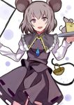  :d animal_ears basket blush capelet cheese commentary_request cowboy_shot dowsing_rod food grey_eyes grey_hair grey_skirt jewelry juliet_sleeves long_sleeves looking_at_viewer mouse mouse_ears mouse_tail nakaichi_(ridil) nazrin open_mouth pendant puffy_sleeves skirt smile solo tail touhou 