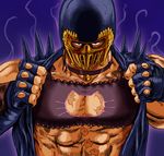  abs bell bell_choker black_bra bra cat_cutout cat_lingerie choker cleavage_cutout fingerless_gloves frilled_bra frills gloves helmet hokuto_no_ken jagi looking_at_viewer maboroshi_dandy male_focus mask meme_attire muscle parody scar solo spikes underwear upper_body 