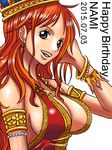  :d adjusting_hair armlet bracelet breasts brown_eyes character_name cleavage crown dated earrings happy_birthday jewelry kiyu_(zuyu) large_breasts long_hair looking_at_viewer nami_(one_piece) necklace one_piece open_mouth orange_hair sideboob smile solo upper_body wavy_hair 