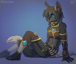  anthro blue_background canine clothed clothing crossdressing ear_piercing girly kaitycuddle looking_at_viewer male mammal navel piercing simple_background sitting solo 