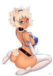  animal_ears ass bikini bikini_top blue_bikini boots bottomless breasts bunny_and_fox_world bunny_ears bunny_tail covered_nipples elbow_gloves freckles gloves highres large_breasts looking_at_viewer original shephira_(cert) short_hair simple_background sitting smile solo swimsuit tail thigh_boots thighhighs typo_(requiemdusk) wariza white_background white_gloves white_hair white_legwear 