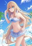  absurdres ain_(3990473) beach blonde_hair blue_eyes blue_sky breasts cloud day hair_twirling hand_on_hip highres lexington_(zhan_jian_shao_nyu) long_hair looking_at_viewer medium_breasts ocean outdoors palm_tree sky smile solo swimsuit tree very_long_hair water zhan_jian_shao_nyu 