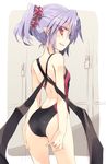  alternate_hairstyle ass back backless_outfit bat_wings blush competition_swimsuit duplicate lavender_hair looking_at_viewer looking_back one-piece_swimsuit open_mouth pointy_ears ponytail profile red_eyes remilia_scarlet satou_kibi scrunchie sketch smile solo standing swimsuit touhou wings 