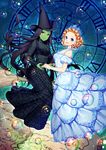  black_hair blonde_hair blue_eyes bubble dress elphaba_thropp glinda good_witch_of_the_north green_skin highres holding_hands jenevan multiple_girls red_eyes roman_numerals smile wicked wicked_witch 