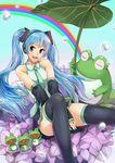  blue_eyes blue_hair closed_eyes detached_sleeves frog giant_leaf hatsune_miku headphones long_hair nail_polish necktie rainbow sitting skirt solo thighhighs twintails very_long_hair vocaloid yamayoshi_tanosuke 