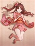  :o blush brown_eyes brown_hair commentary_request floating_hair floral_print flower flute full_body geta hair_flower hair_ornament instrument japanese_clothes kimono long_hair looking_at_viewer nakaichi_(ridil) obi one_side_up original sash short_kimono solo wide_sleeves 