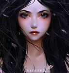  artist_name bad_deviantart_id bad_id black_hair blue_eyes brown_eyes closed_mouth expressionless eyeshadow long_hair looking_at_viewer makeup multicolored multicolored_eyes numyumy original portrait rain red_lips solo upper_body water 