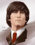  bad_id bad_pixiv_id brown_eyes brown_hair character_name closed_mouth collared_shirt dress_shirt enosan face highres john_lennon light_smile lips looking_up male_focus necktie original portrait real_life red_neckwear shirt solo upper_body wing_collar 