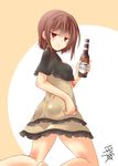  alcohol bare_legs beer beer_bottle blush bottle breasts brown_eyes brown_hair closed_mouth commentary_request from_behind holding kneepits looking_at_viewer looking_back original short_hair small_breasts smile solo yua_(checkmate) 