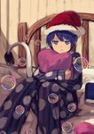  :t bed berabou blue_eyes blue_hair book bubble doremy_sweet hat highres indoors looking_at_viewer nightcap on_bed pajamas pillow pillow_hug polka_dot_pajamas pout short_hair sitting sitting_on_bed solo tail tapir_tail touhou 