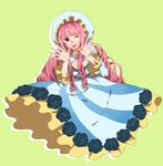  :p alternate_costume black_eyes bonnet dress drill_hair eyelashes flower frilled_dress frills green_background long_hair luperce one_piece perona pink_hair rose solo striped striped_dress tongue tongue_out 