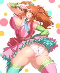  1girl ass blush bow breasts cleavage curvy erect_nipples from_behind gloves hair_bow huge_ass huge_breasts idolmaster idolmaster_cinderella_girls long_hair looking_at_viewer moroboshi_kirari one_eye_closed open_mouth orange_eyes orange_hair panties plump print_panties sekiyu_(spartan) shiny shiny_clothes shiny_hair shiny_skin skirt smile solo thick_thighs thighhighs twintails underwear upskirt wide_hips wink 