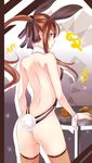  1girl animal_ears ass backless_outfit bare_shoulders blush breasts brown_hair bunny_ears bunny_girl bunny_tail bunnysuit coin commentary_request covered_nipples cowboy_shot detached_collar dollar_sign fake_animal_ears hair_ribbon leotard long_hair looking_at_viewer looking_back medium_breasts nakaichi_(ridil) original ponytail purple_eyes purple_ribbon revealing_clothes ribbon sidelocks sleeveless table tail thighhighs wrist_cuffs 