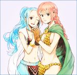  armor bikini_armor blue_eyes blue_hair bracelet braid breasts brown_eyes cleavage den_r earrings gloves holding_hands jewelry large_breasts long_hair midriff multiple_girls navel necklace nefertari_vivi one_eye_closed one_piece pink_hair ponytail rebecca_(one_piece) sideboob single_braid 