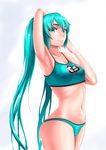  aqua_bikini aqua_eyes aqua_hair armpits arms_up bare_arms bare_shoulders bikini breasts cloel closed_mouth collarbone cowboy_shot gradient gradient_background hatsune_miku highres long_hair looking_at_viewer medium_breasts navel number simple_background smile solo spaghetti_strap stomach stretch swimsuit thighs twintails very_long_hair vocaloid 