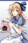  alice_(wonderland) alice_in_wonderland apron aqua_eyes blonde_hair blue_bow blue_neckwear blue_ribbon blush bow bowtie cake chocolate_cake commentary_request eat_me english food food_on_face fork hair_ribbon long_hair looking_at_viewer maid_apron nakaichi_(ridil) open_mouth original puffy_short_sleeves puffy_sleeves ribbon short_sleeves solo sweat upper_body 