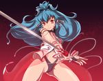  1girl alfimi artist_request banpresto bare_legs blue_hair facial_mark female legs long_hair ponytail red_eyes smile solo super_robot_wars super_robot_wars_og_saga_mugen_no_frontier super_robot_wars_og_saga_mugen_no_frontier_exceed sword thong weapon 