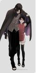  1girl black_hair boruto:_naruto_the_movie cloak elbow_gloves father_and_daughter fatherly fingerless_gloves glasses gloves hair_over_one_eye hand_up highres hunched_over naruto naruto_(series) open_toe_shoes outstretched_hand rain shared_clothes shigegigi shoes short_hair thighhighs uchiha_sarada uchiha_sasuke wet wet_hair 