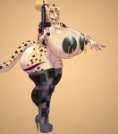  absurd_res anthro big_breasts big_butt boots breasts butt cheetah clothed clothing felid feline female footwear gun hi_res huge_breasts huge_butt hyper hyper_breasts legwear makeup mammal nipple_piercing nipples piercing plankboy pussy ranged_weapon smile solo standing thick_thighs thigh_highs weapon 