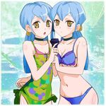  bangs bikini blue_bikini blue_hair blush cardfight!!_vanguard charlene_chen choker cowering gillian_chen hair_ornament hair_tubes long_hair looking_at_viewer multiple_girls oda_koziki one-piece_swimsuit open_mouth siblings swimsuit tareme tsurime twins yellow_eyes 