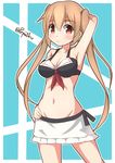 alternate_costume arm_behind_head arm_up armpits bikini black_bikini breasts brown_hair front-tie_bikini front-tie_top hand_on_hip highres kantai_collection long_hair looking_at_viewer medium_breasts murasame_(kantai_collection) navel pepatiku red_eyes solo swimsuit twintails twitter_username 