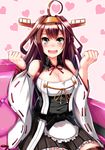  :d adapted_costume ahoge alternate_costume apron breasts brown_hair cleavage clenched_hands detached_sleeves double_bun fuuki_(te_fuukin) hairband heart heart_background highres kantai_collection kongou_(kantai_collection) large_breasts long_hair looking_at_viewer maid_apron nontraditional_miko open_mouth pleated_skirt silver_eyes sitting skirt smile solo thighhighs zettai_ryouiki 