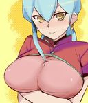  bangs blue_hair blush breast_hold breasts cardfight!!_vanguard chinese_clothes crossed_arms gillian_chen hair_between_eyes hair_tubes large_breasts long_hair looking_at_viewer oda_koziki smile solo tsurime upper_body yellow_eyes 